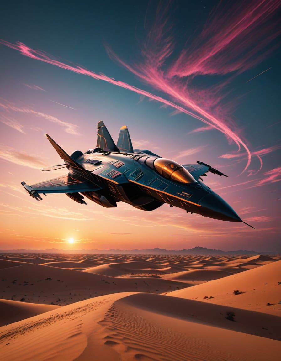 Futuristic Bastet Fighter Jet Soars Through Twilight Sky