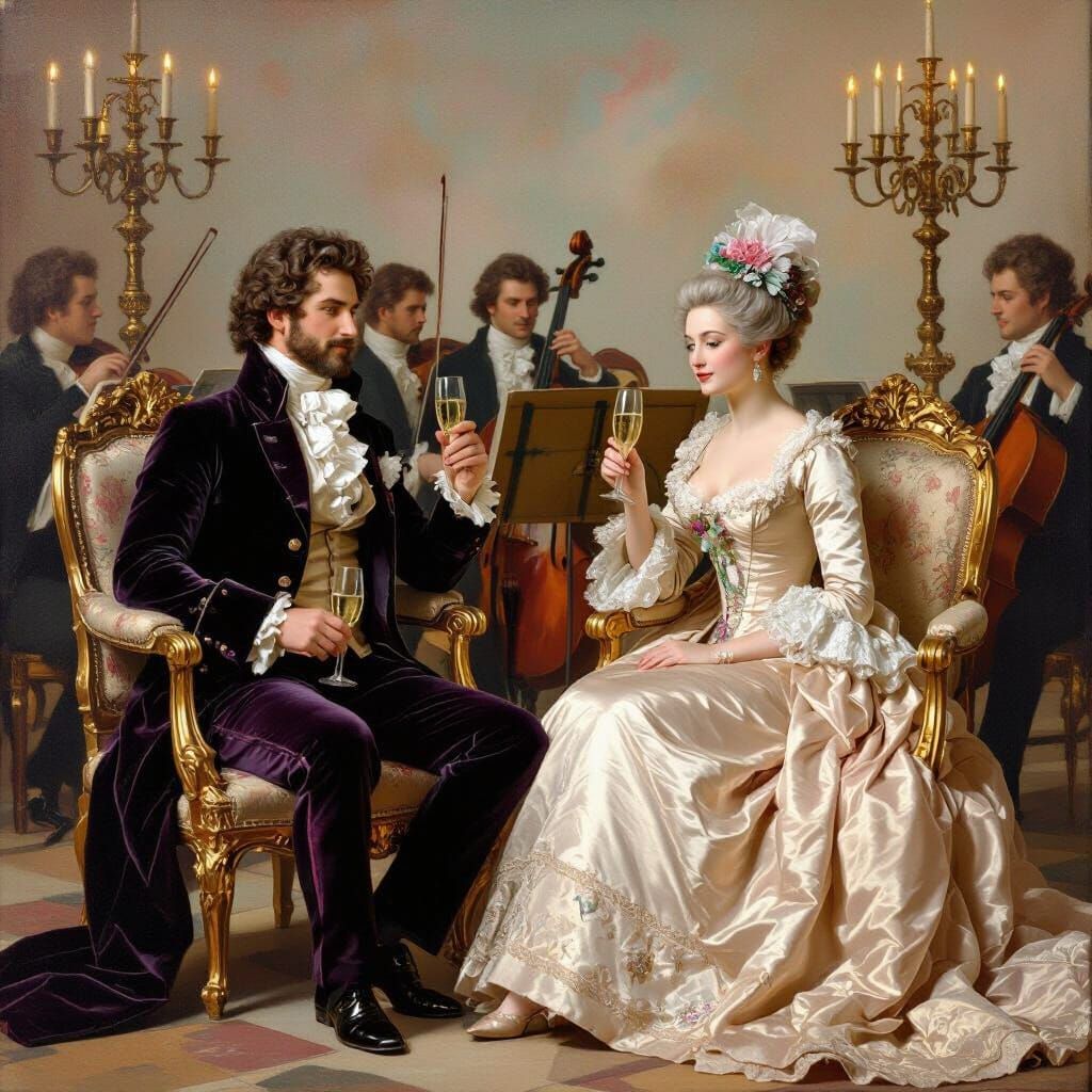 Rococo Couple Enjoying Champagne with Orchestra