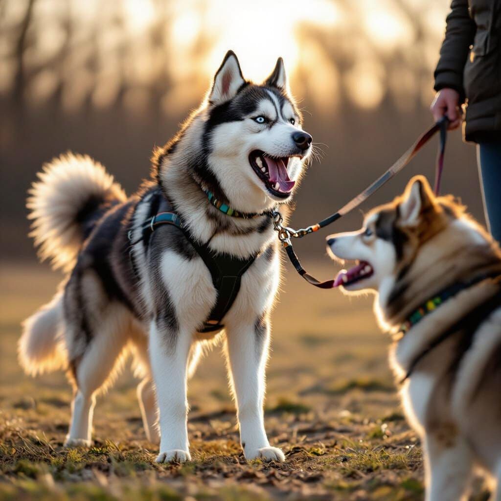 Aggressive Siberian Husky Lunges Forward in Golden Hour Ligh...