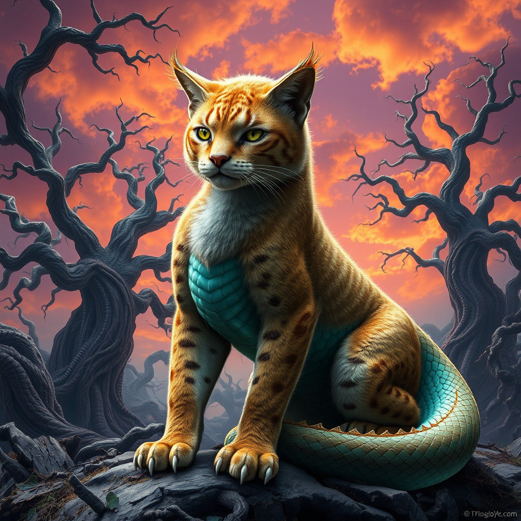 Majestic Cat-Serpent Hybrid in Mystical Landscape