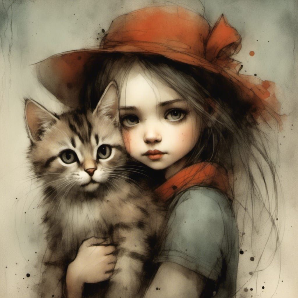 Detailed Portrait: Girl with Cat in Charcoal Style