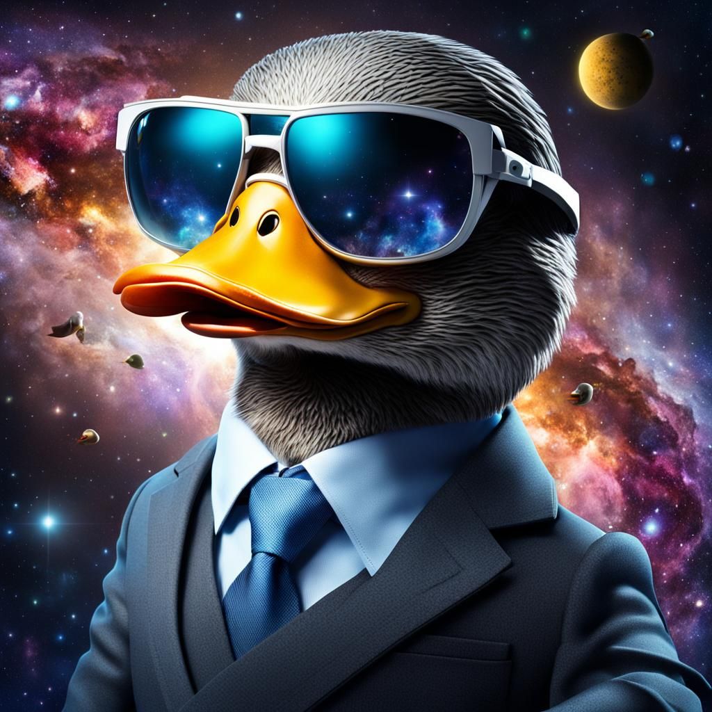 Cartoon Duck in Space with Galaxy Background