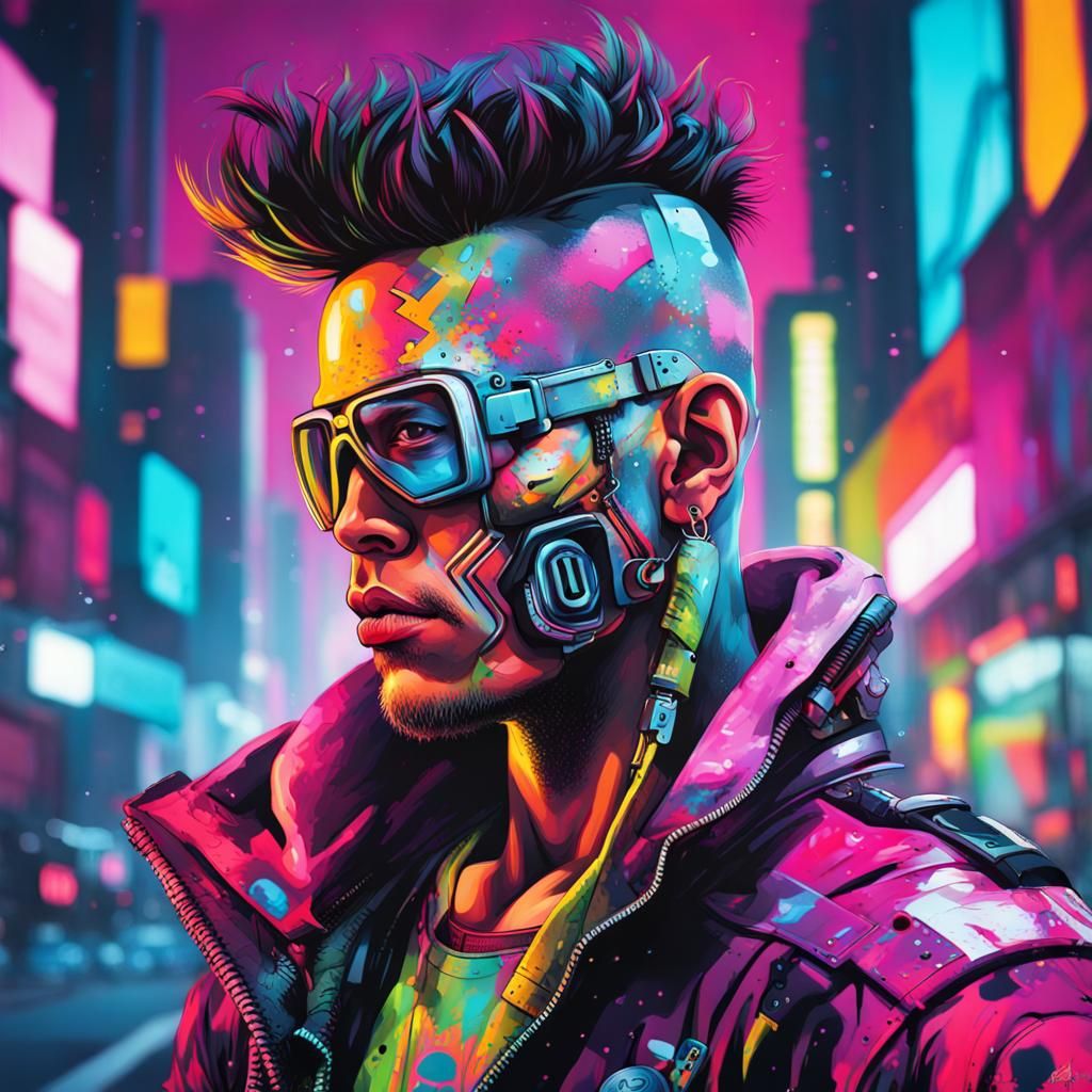 Cyberpunk Man Portrait in Graffiti Art Style