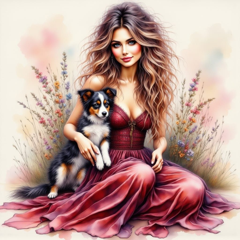 Elegant Woman in Burgundy Gown with Golden Skirt and Holly H...