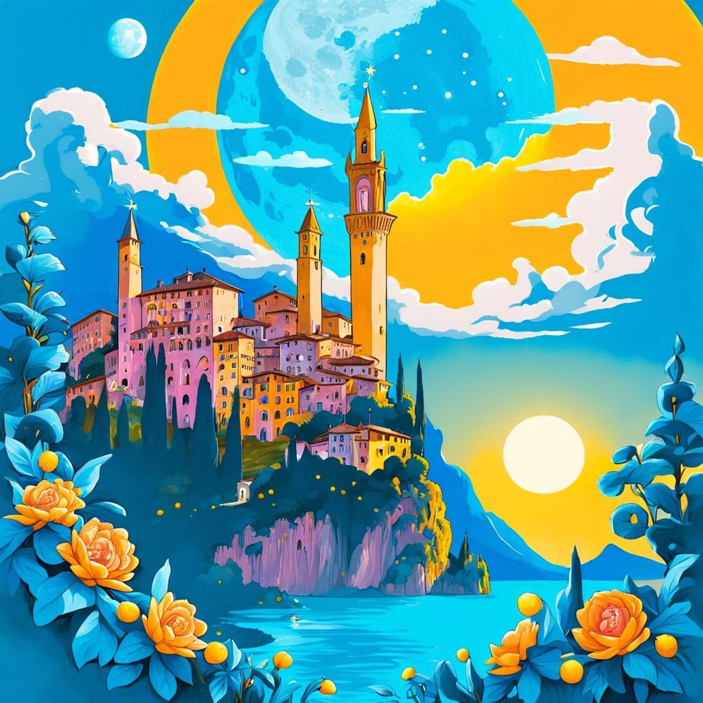 Moonrise Over Cityscape