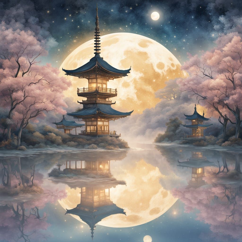 Surreal Figure Basks in Golden Robe under Starry Japanese Ni...