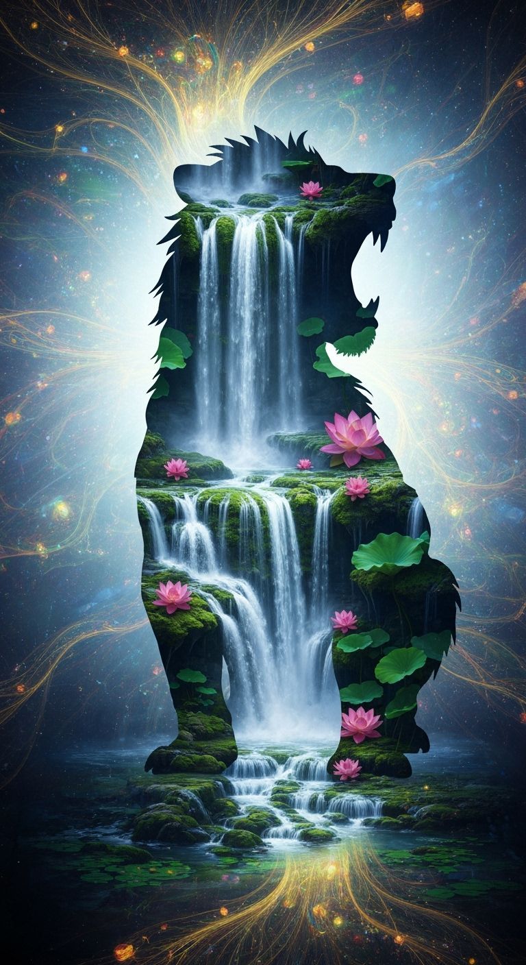 Surreal Lion Silhouette with Waterfalls and Lotus Flowers