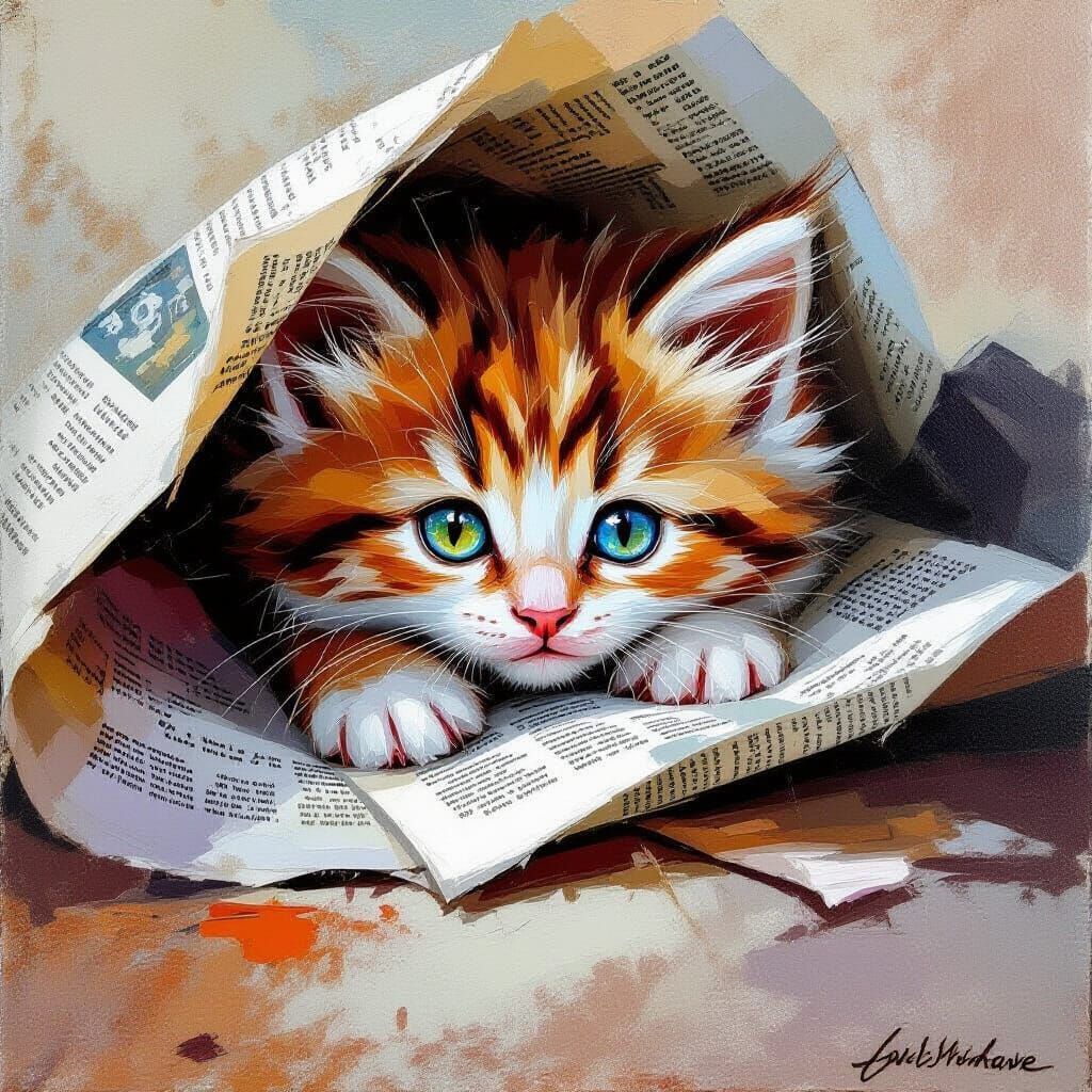 Kitten Hiding: Avant-Garde Oil Painting
