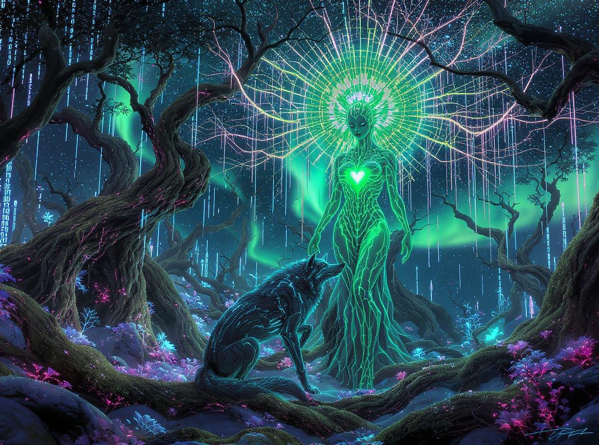 Cybernetic Forest Goddess in Neon-Lit Grove