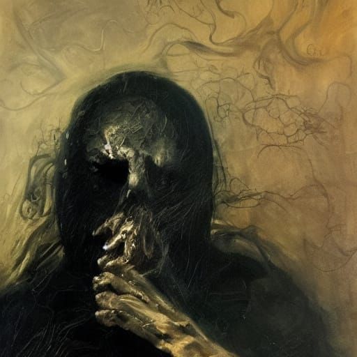 Gothic Surrealism: Weary Figure in Shadow, Expressive Oil Pa...