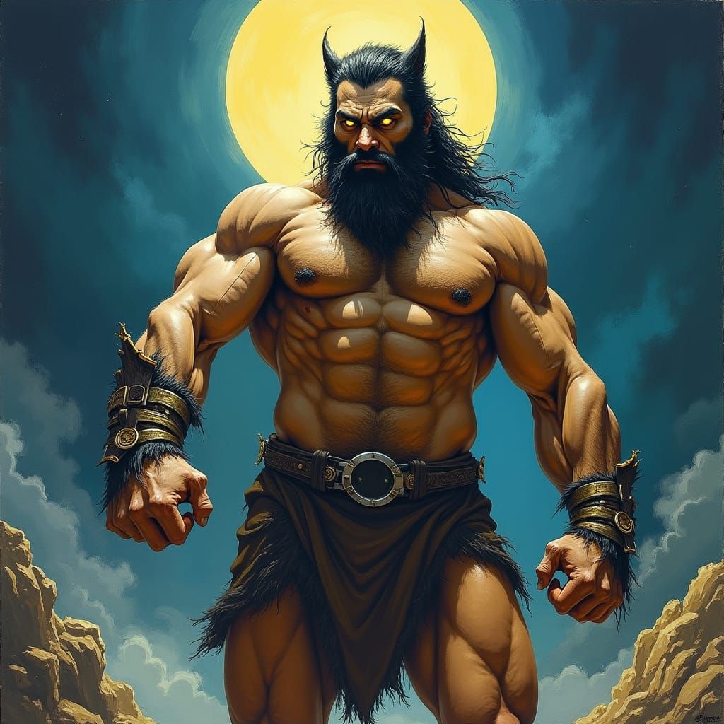 Wolf-like Man in Moonlit Landscape