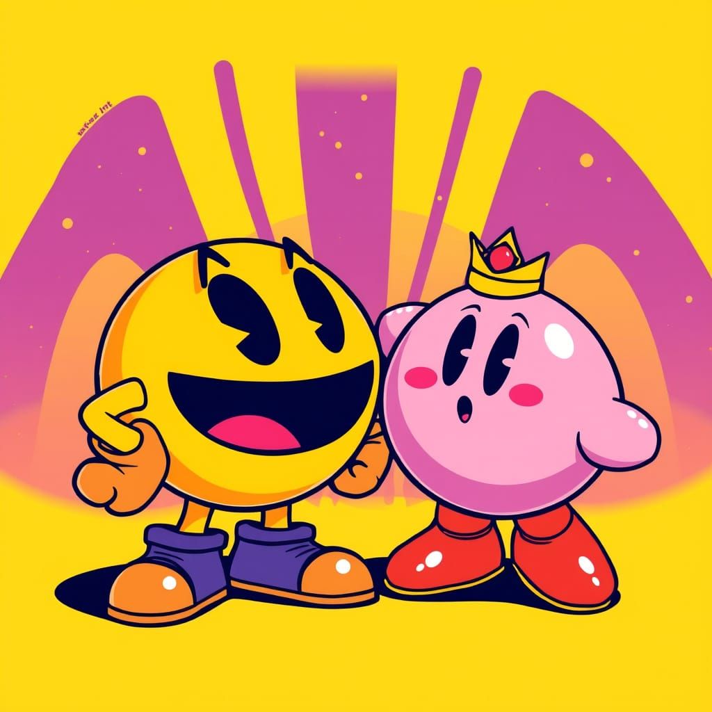 Pac-Man and Kirby: Retro-Futuristic Arcade Fusion