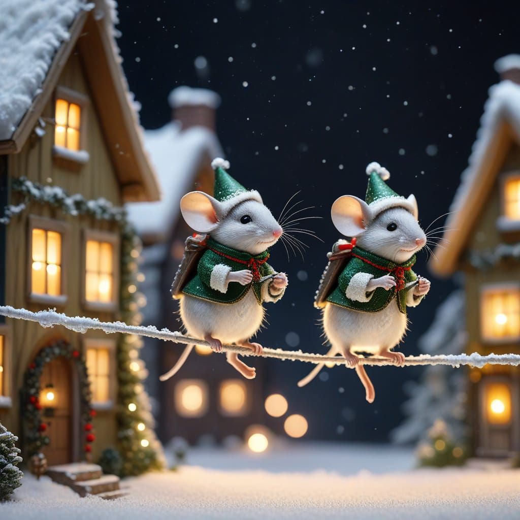 Magical Christmas Elves Mice on Tinsel Tightrope