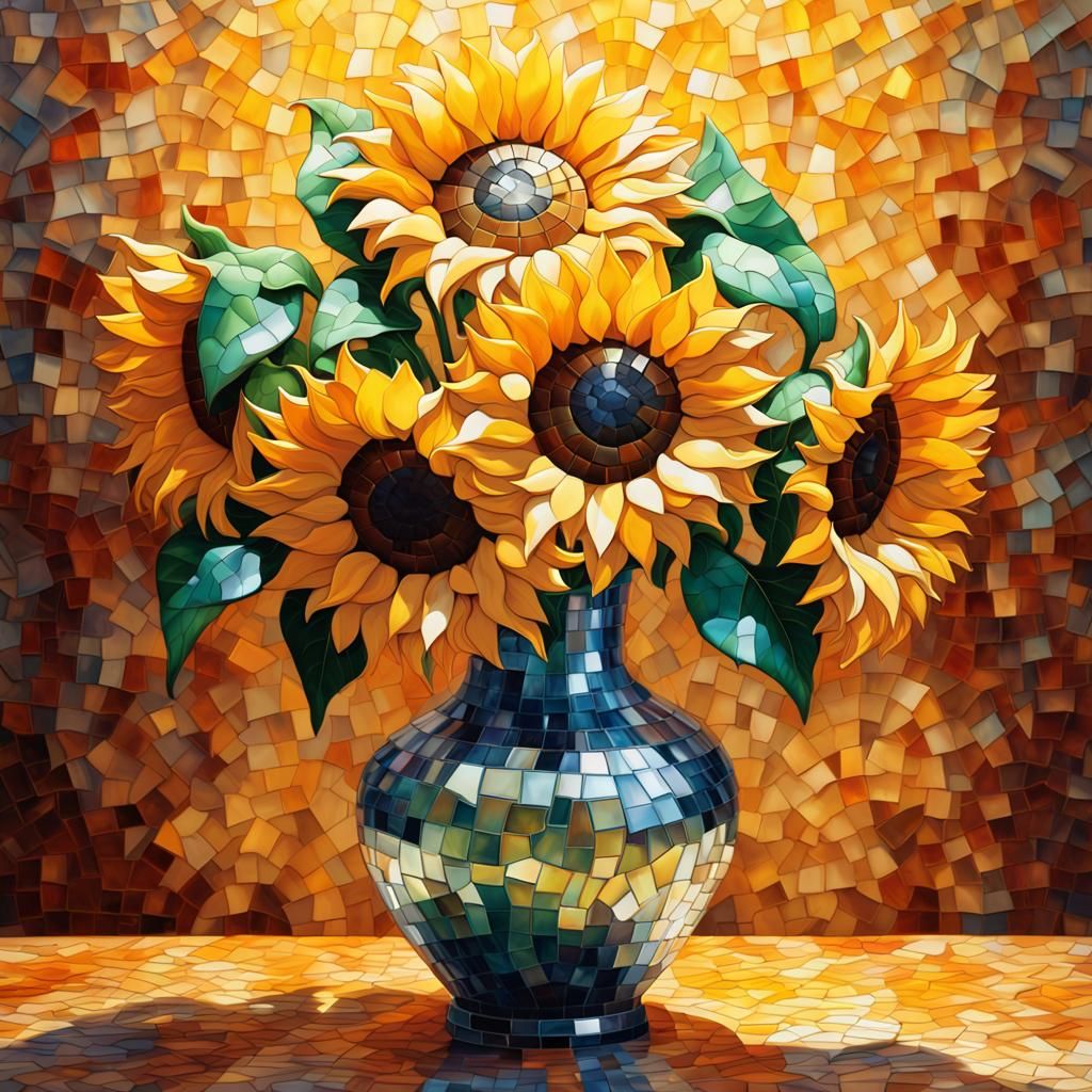 Crystal Vase Sunflowers in Tessellated Mosaic Style