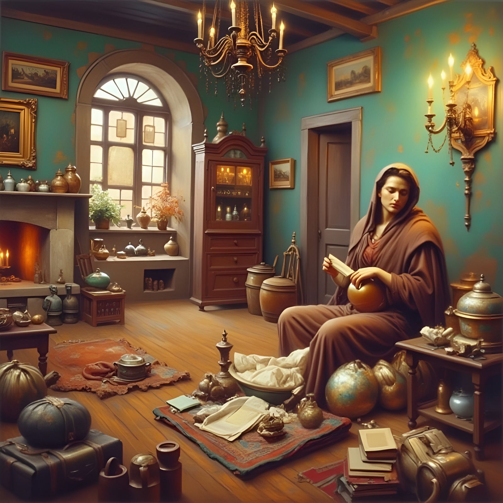 Woman with Golden Leaf Dust in Oil Painting Style