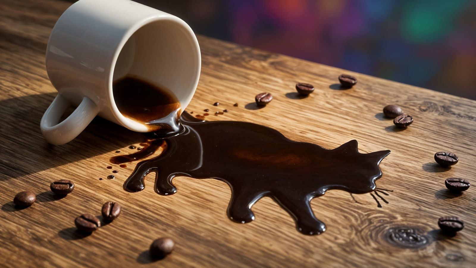 Coffee Cat Silhouette Emerges from Spilled Mug