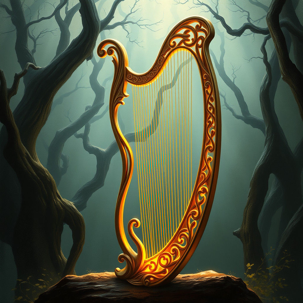 Celtic Harp in Mystical Sylvan Landscape