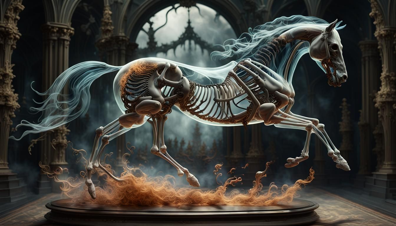 a glass and skeleton horse appearing mid-leap