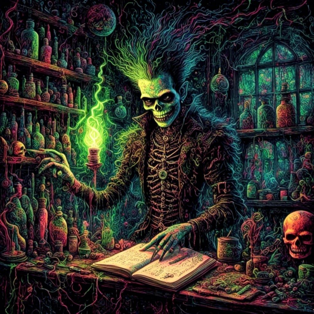 Haunted Frankenstein in Alchemic Laboratory, Black Light Art