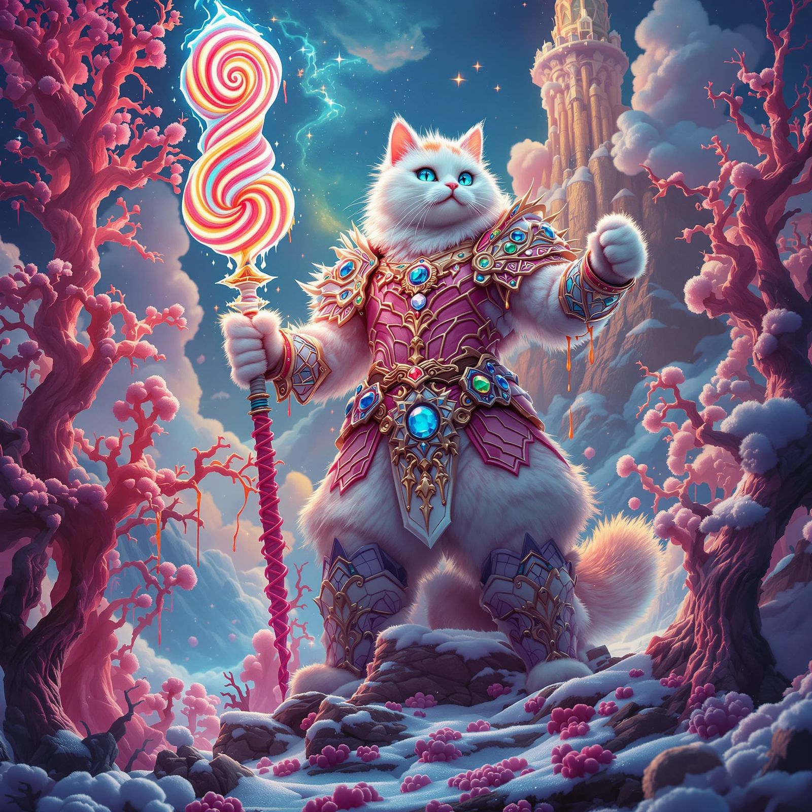 Fluffy Cat Warrior in Crystal Sugar Armor with Lollipop Swor...
