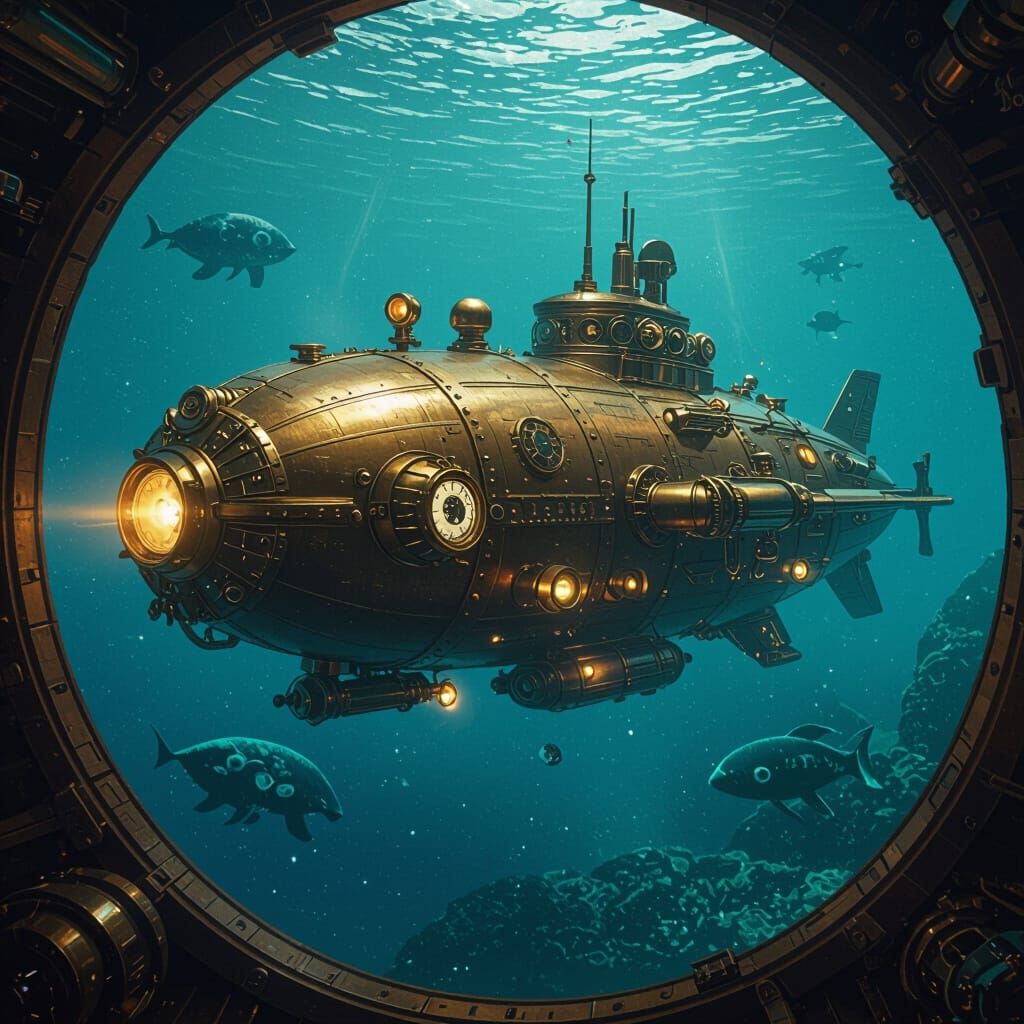 Steampunk Submarine Glides Through Alien Ocean Depths