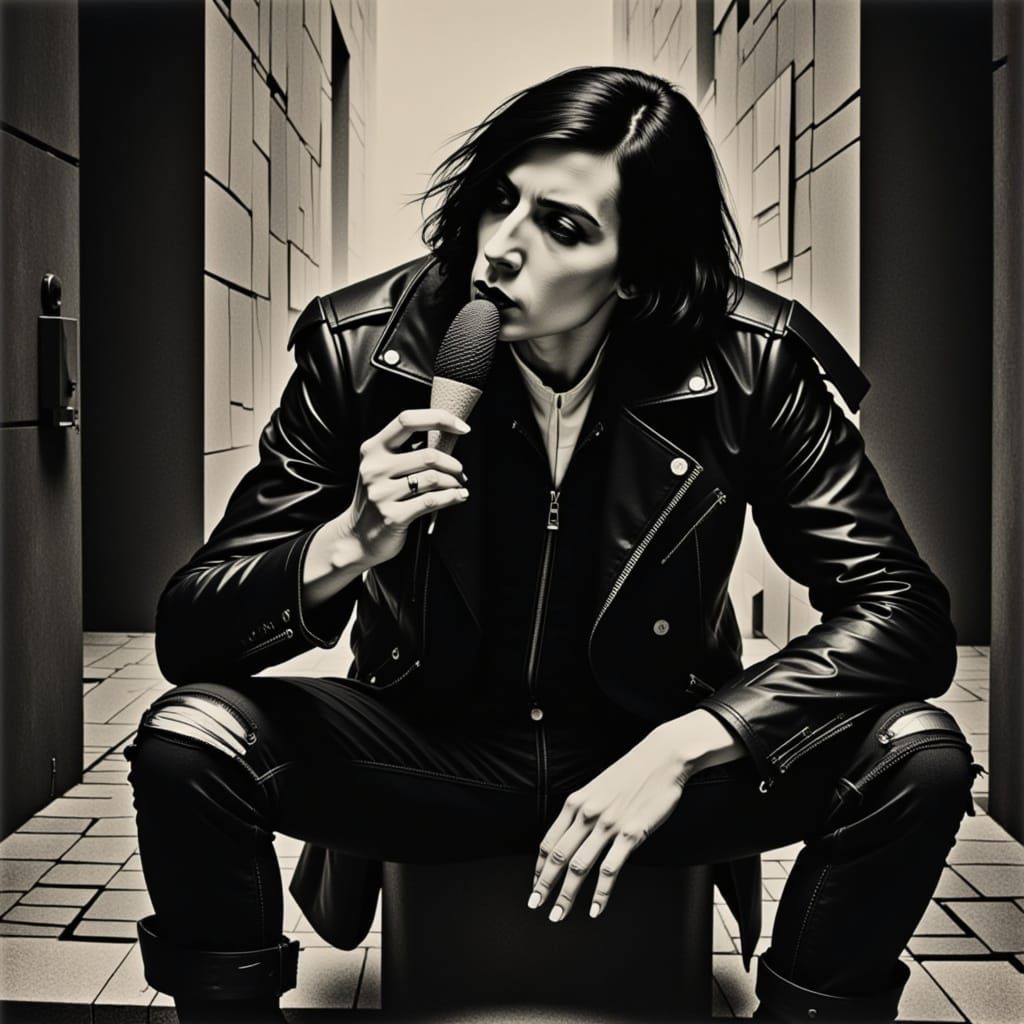 <lora:RaveN:1.0> Goth guy with   eating a black ice cream co...