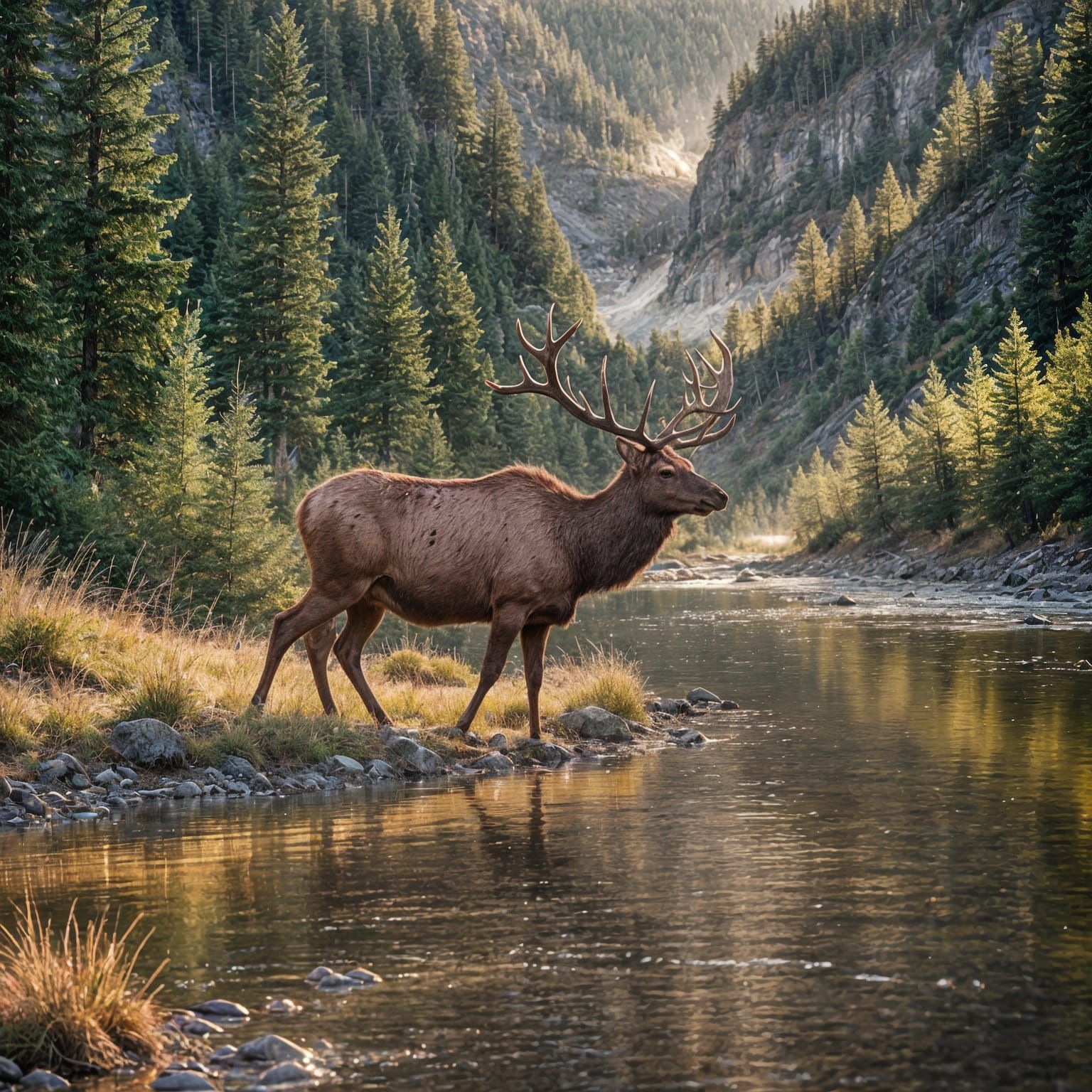 Elk Overlooking Wilderness River Valley