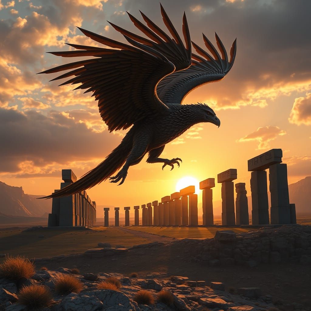 Griffin Soaring Over Ancient Armenian Megaliths