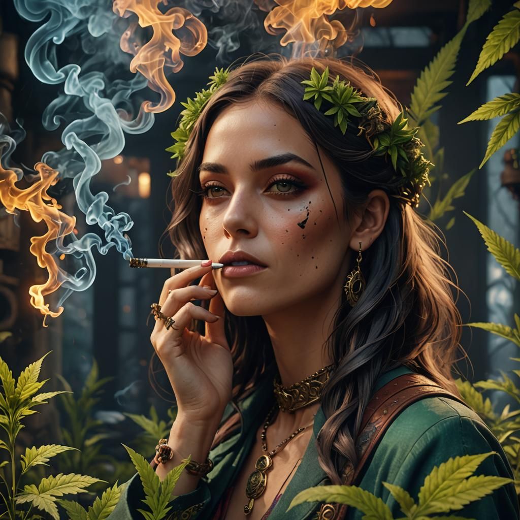 Young Woman Smoking Weed in Detailed Matte Painting