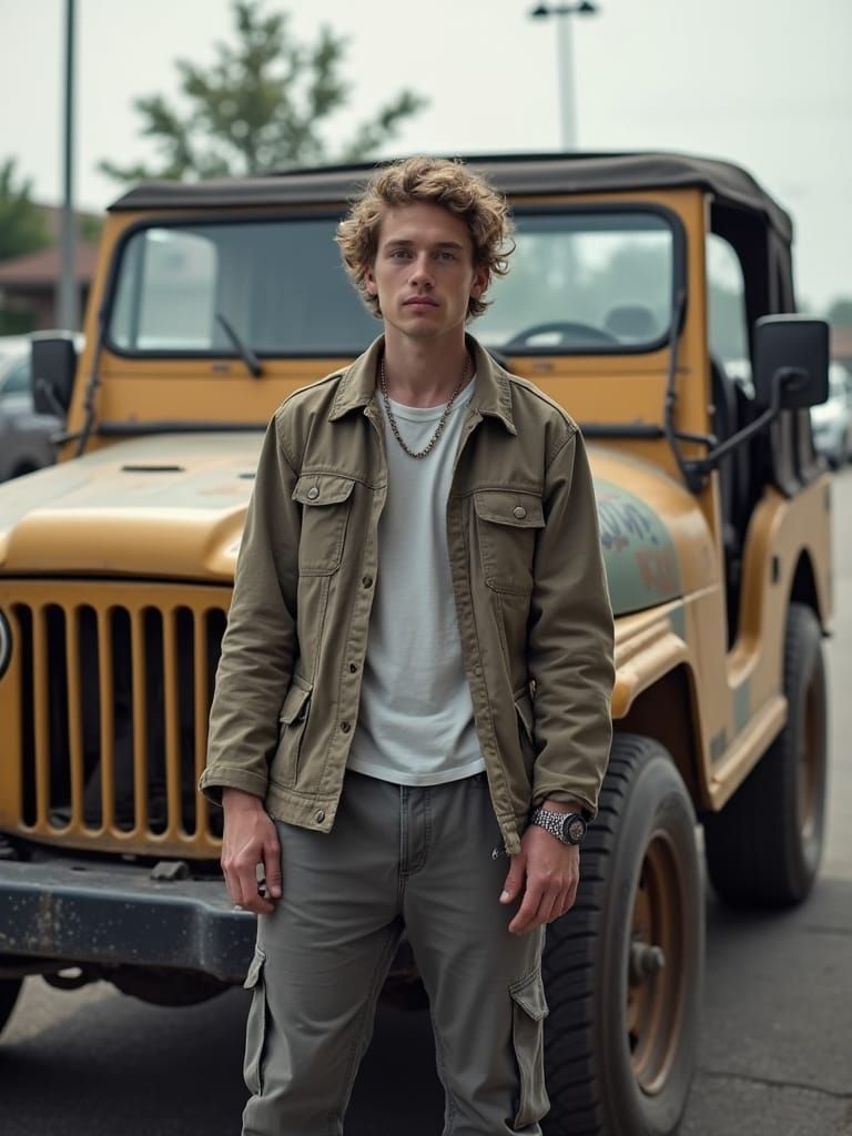 Streetwear Figure with Beat-Up Jeep