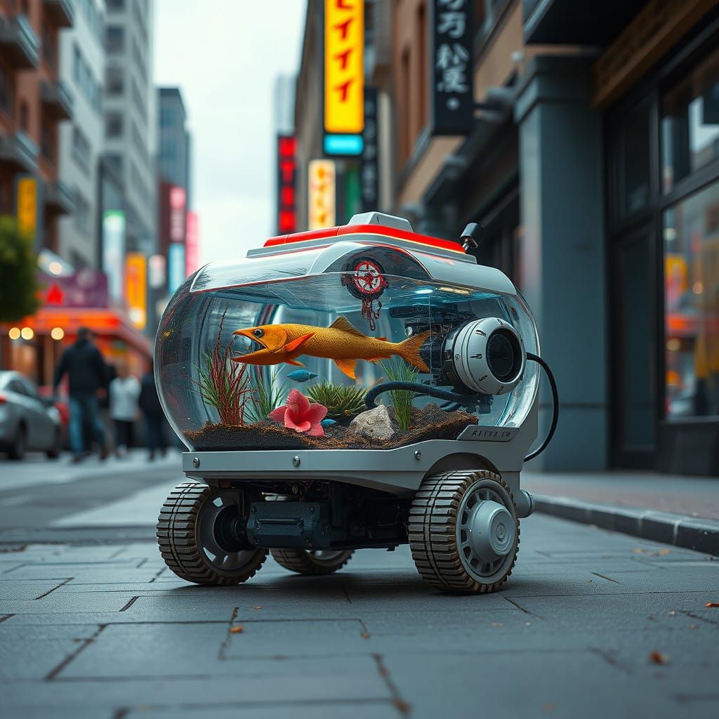 Cyberpunk Robotic Fishtank Rolls Through Neon City Streets