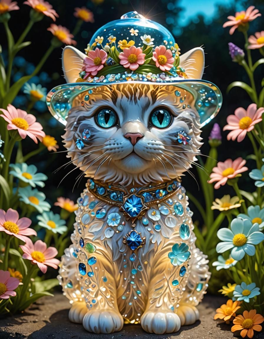 Crystal Cat Figurine with Bioluminescent Flowers