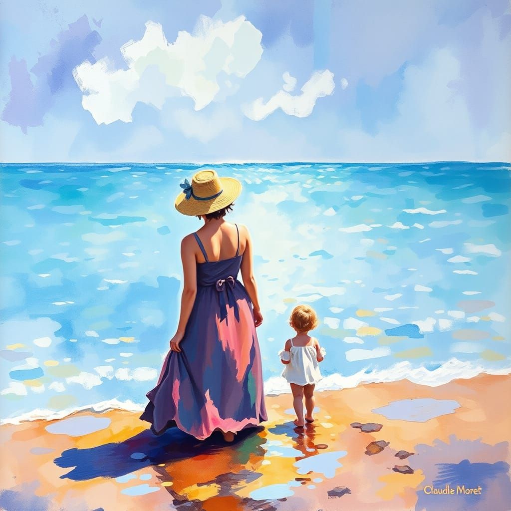 Woman and Child on Lake Beach in Impressionist Style