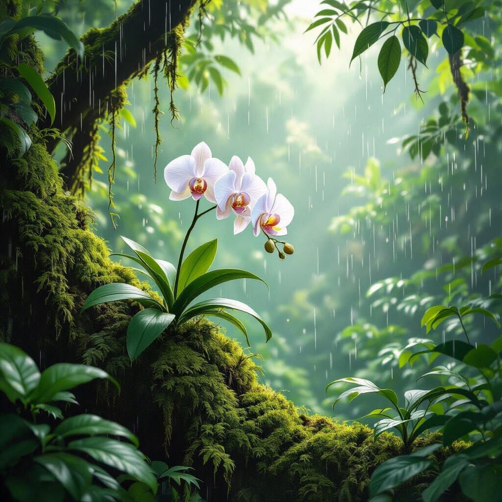 Exotic Orchid Blooms in Ethereal Jungle Rain