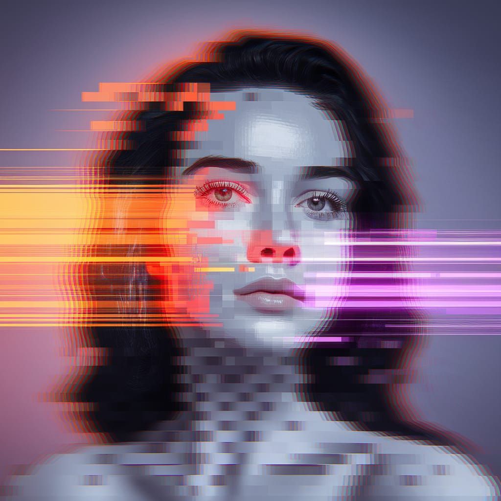 Glitch Art Portrait of a Woman with Pixelated Effects