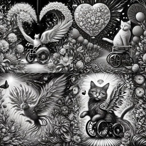 Black and White Tabby Cat with Wings in Wheelchair Holding H...