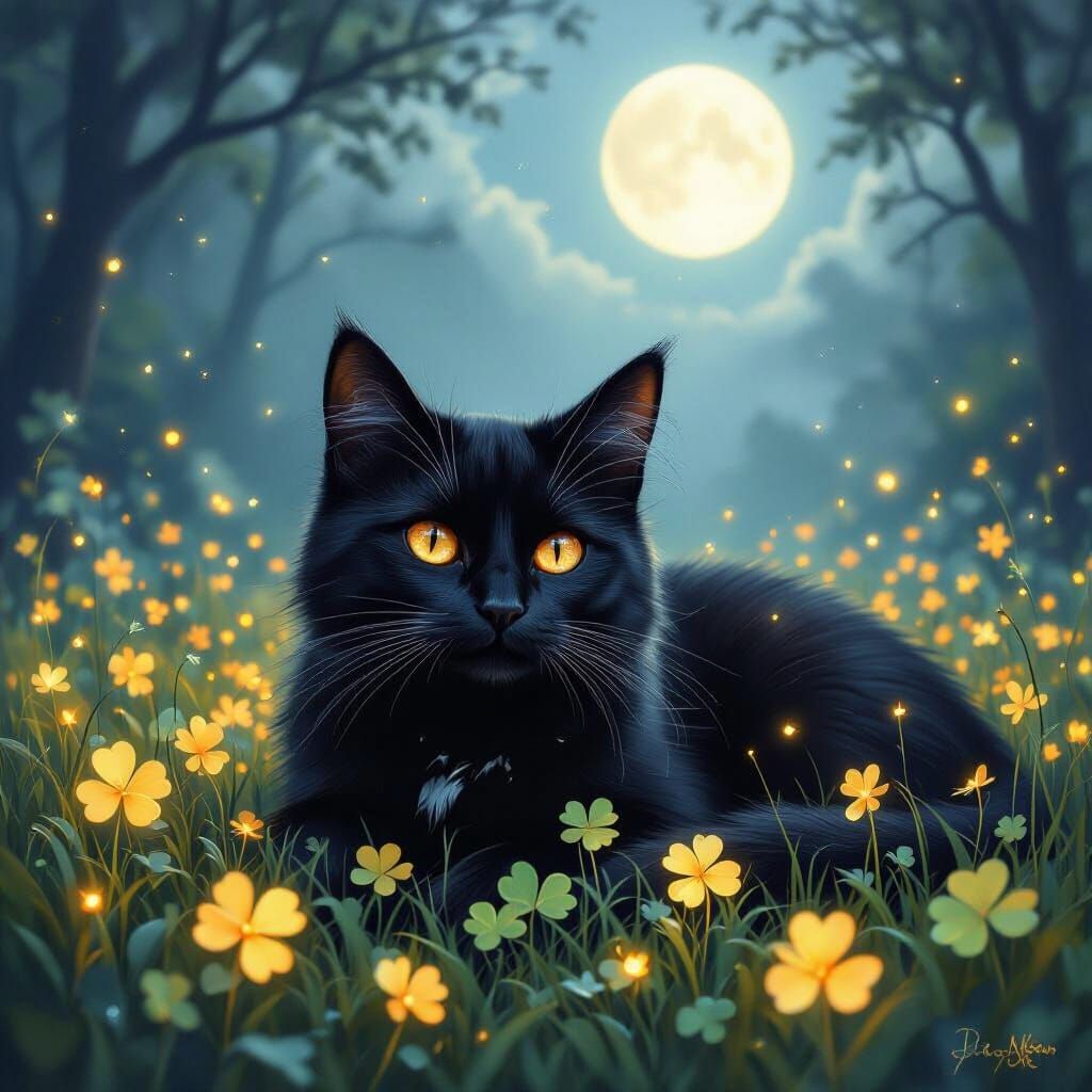 Mystical Black Cat in Moonlit Clover Field