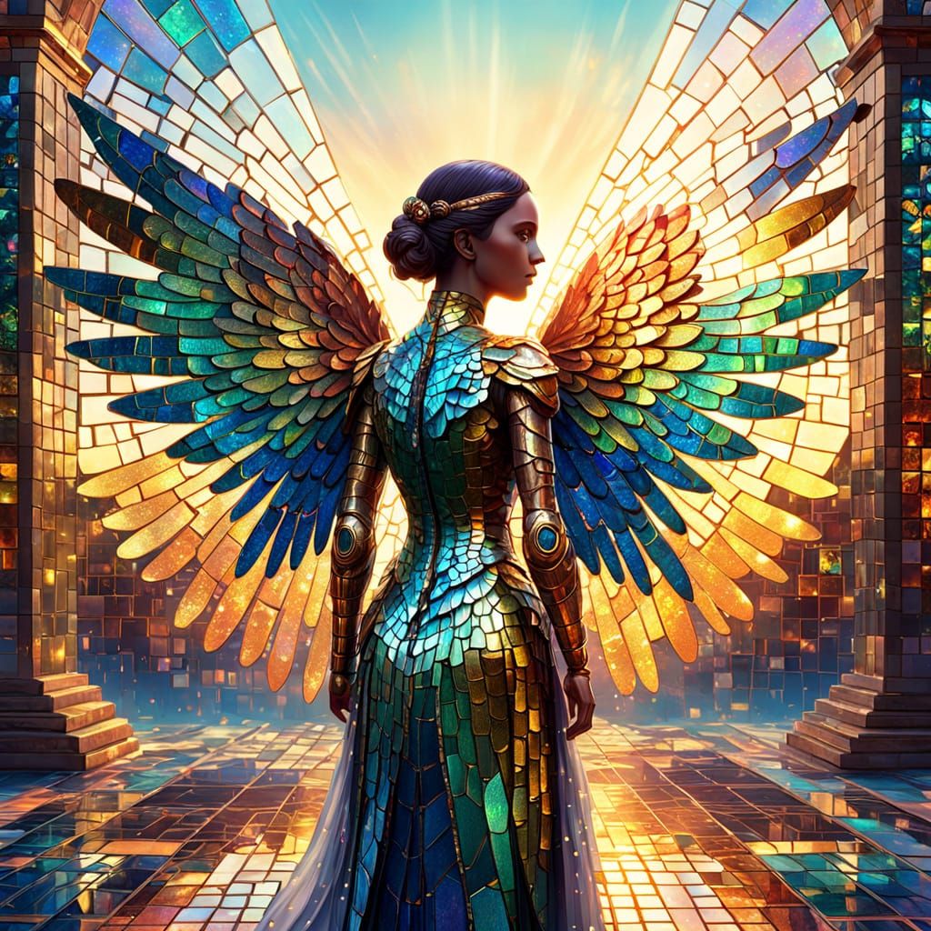 Opalescent Being with Mosaic Wings in Dreamlike Art