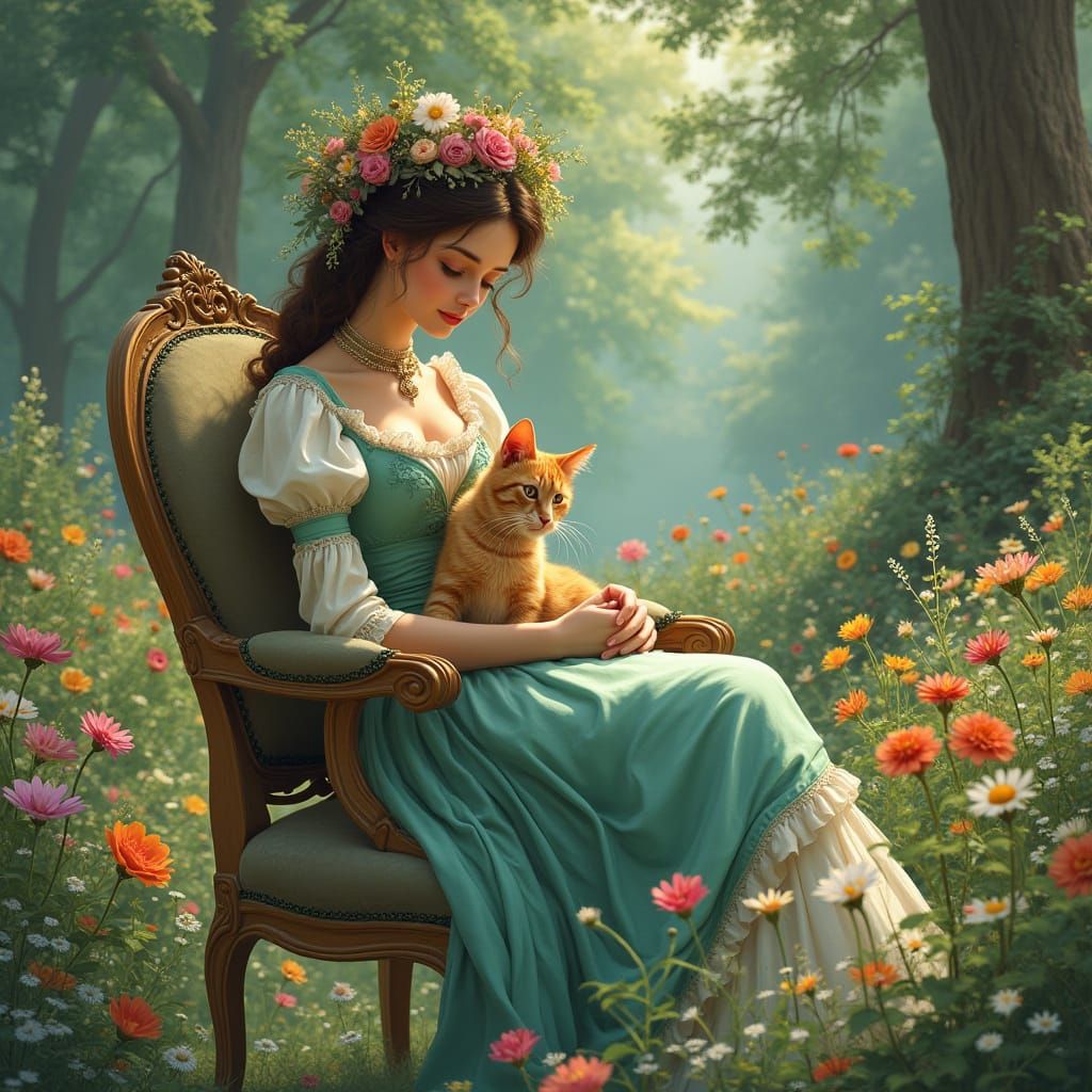 Victorian Lady with Cat in Whimsical Park