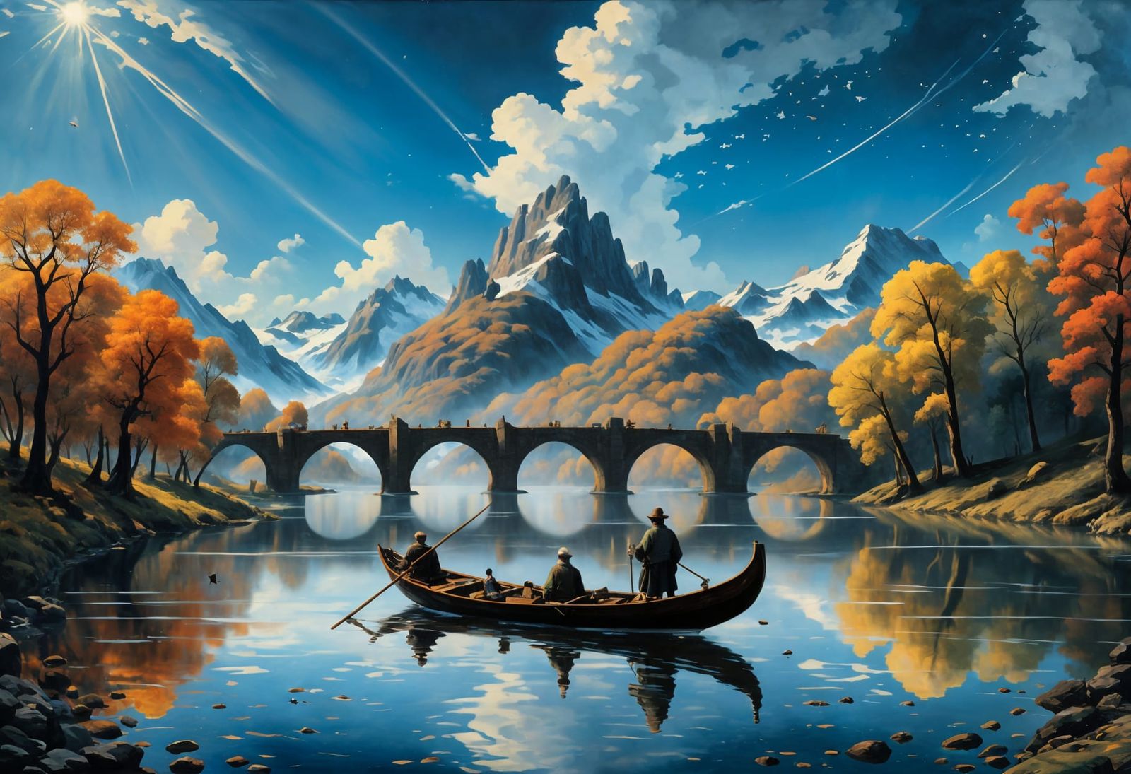 Romantic Landscape Painting with Mountain View