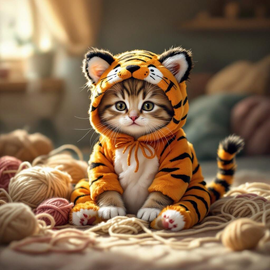 Fluffy Kitten in Handmade Tiger Costume with Yarn