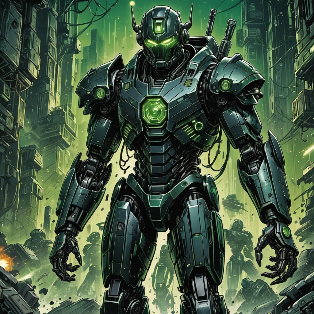 Black Robot Warrior in Comic Book Style