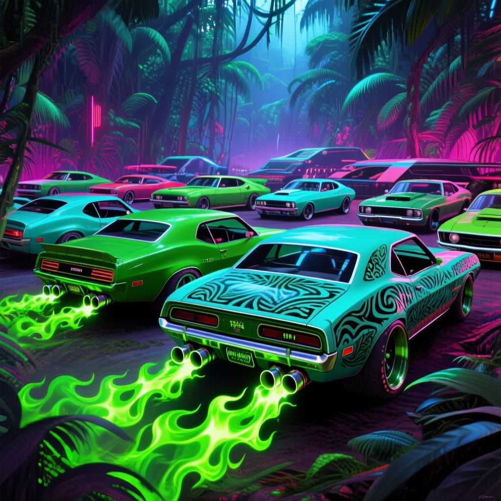 Muscle Cars in Lush Jungle Meet