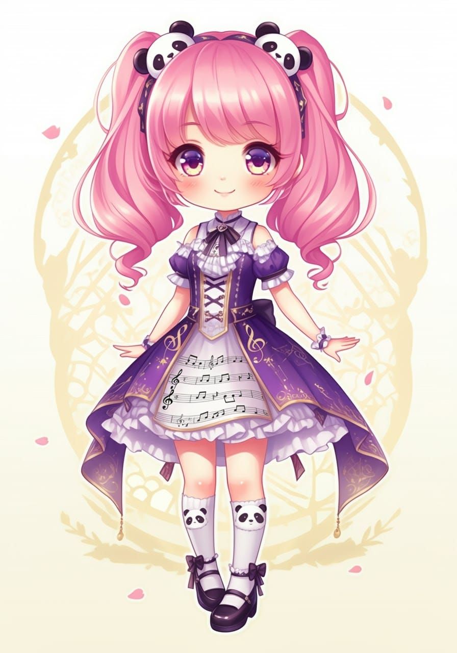 Anime Chibi Girl in Sheet Music Dress with Cherry Blossoms