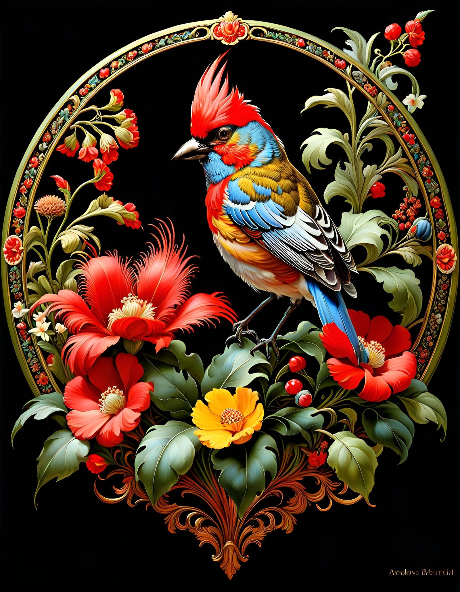Red Bird in Baroque Flower Paradise Garden