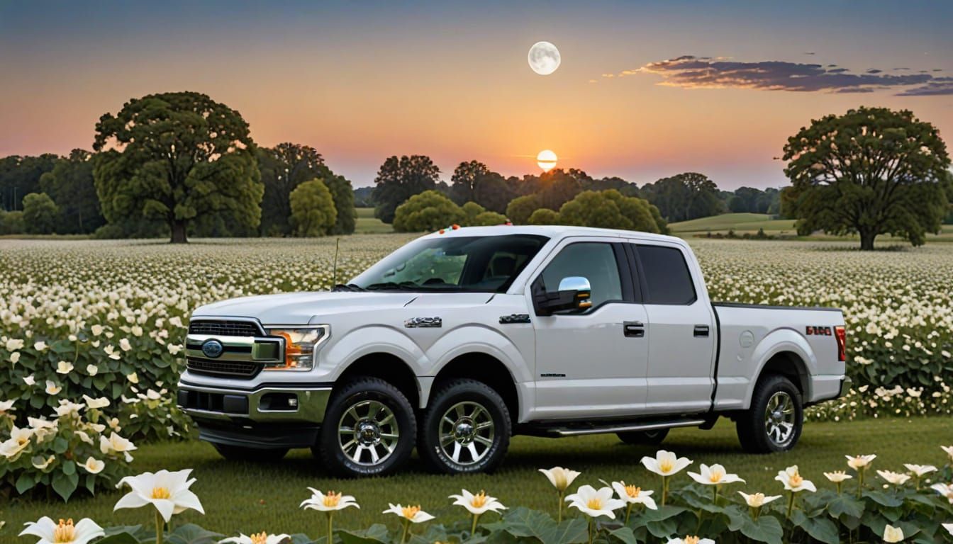 Ford F150 in Moonflower Field on Bright Day