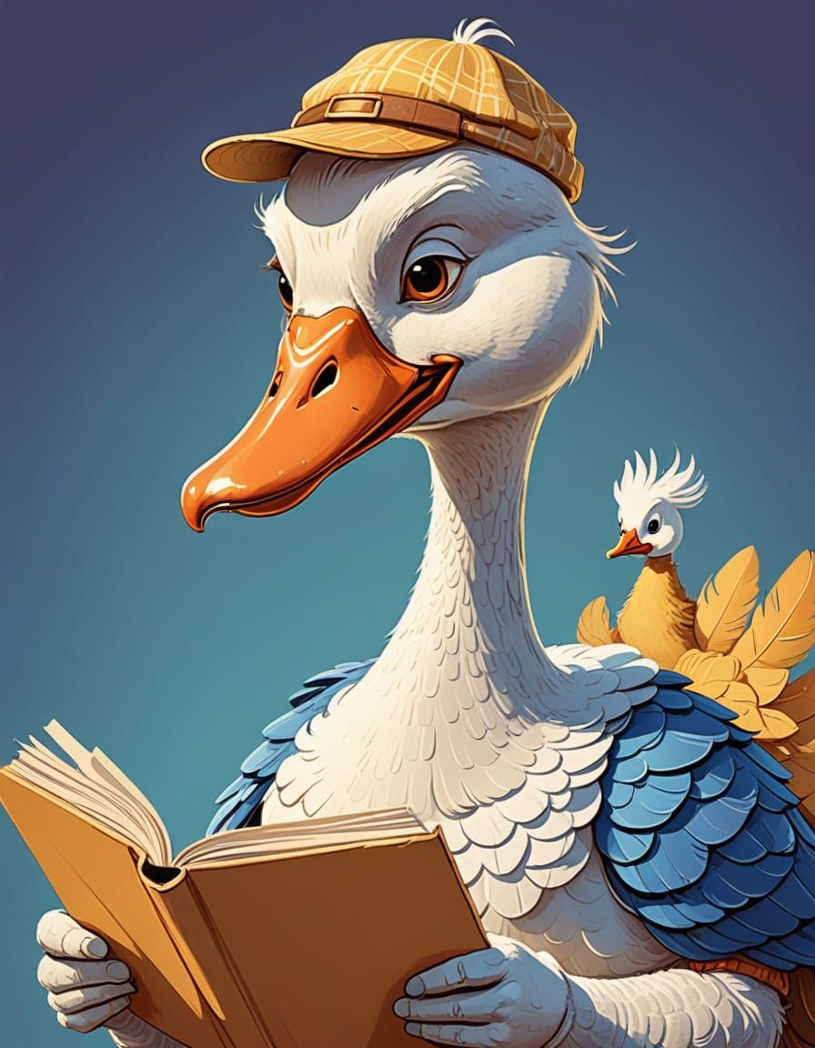 Humorous Goose Reads Mother Goose in Cartoon Style