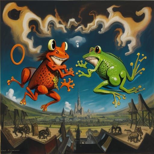 Anime Mice vs Frogs Battle in Surrealist Style