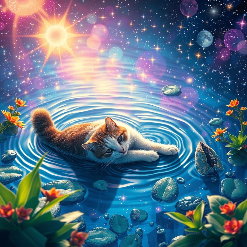 Astral Cat Swimming in Starry Pond