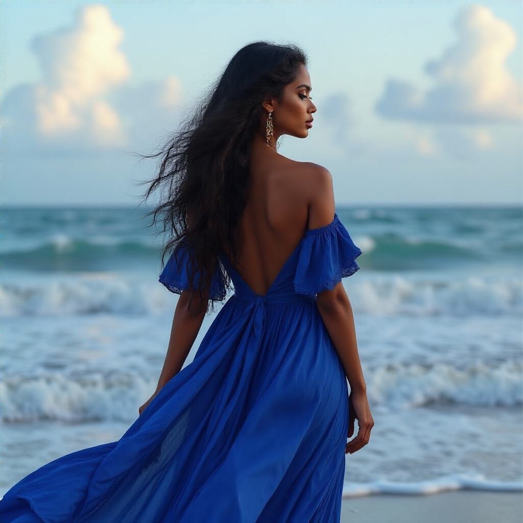 Nicaraguan Model in Blue Dress by the Ocean